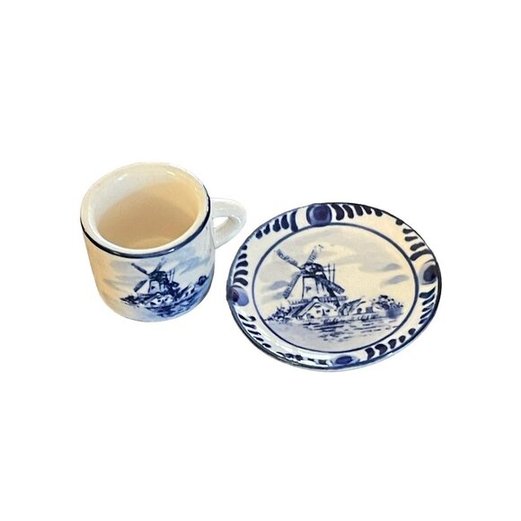 Blue & White  Mini Cup & Saucer Windmill Floral Hand Painted Elesva Holland VTG - Picture 3 of 12